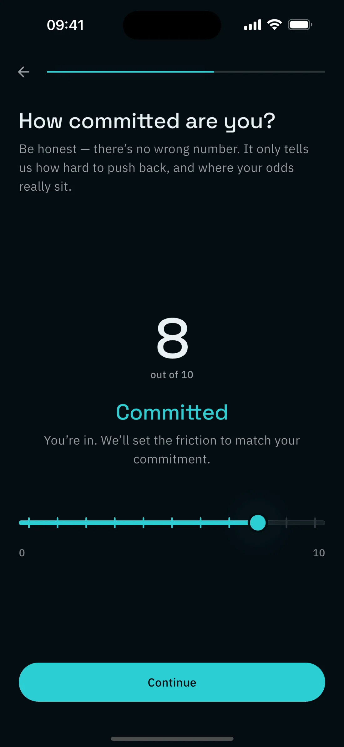 An onboarding question asking how committed you are, set to eight out of ten, answering that the friction will be set to match.