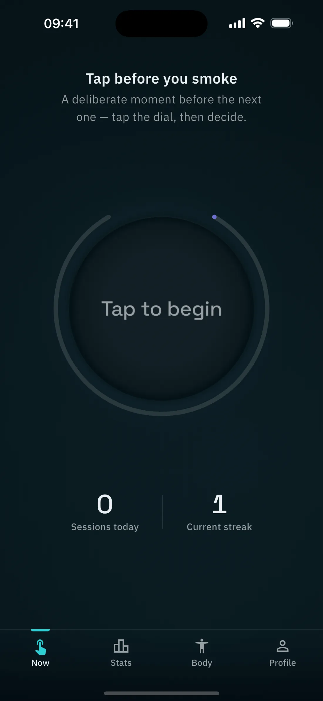 The ClickQuit dial resting in the dark, waiting to be tapped, with the day's session count and current streak beneath it.